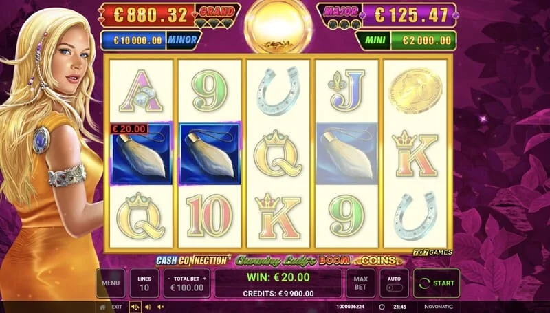 Cash Connection - Charming Lady's Boom Coins - osnovni ekran sa dobitkom na liniji